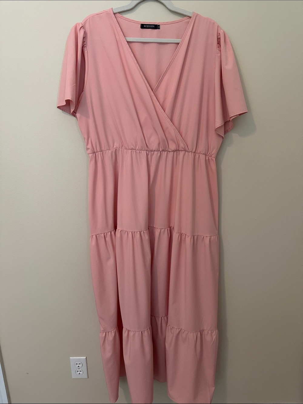 Amazon Pink Tiered Wrap Midi Dress with Flutter Sleeves